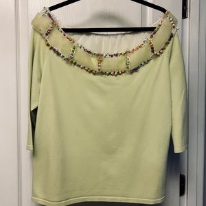 Dolce Cabo 3/4 sleeve embellished top w/ribbon & small flowers with beads center